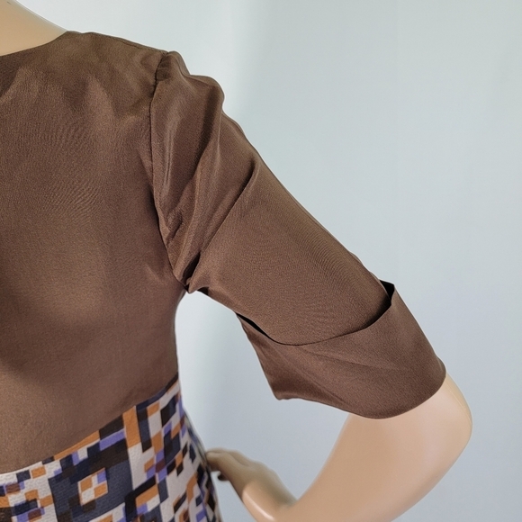 NEW Whitley Womens Cocoa/Purple Mixed Prints Sateen Square Neck Shift Dress Sz S - Picture 7 of 10